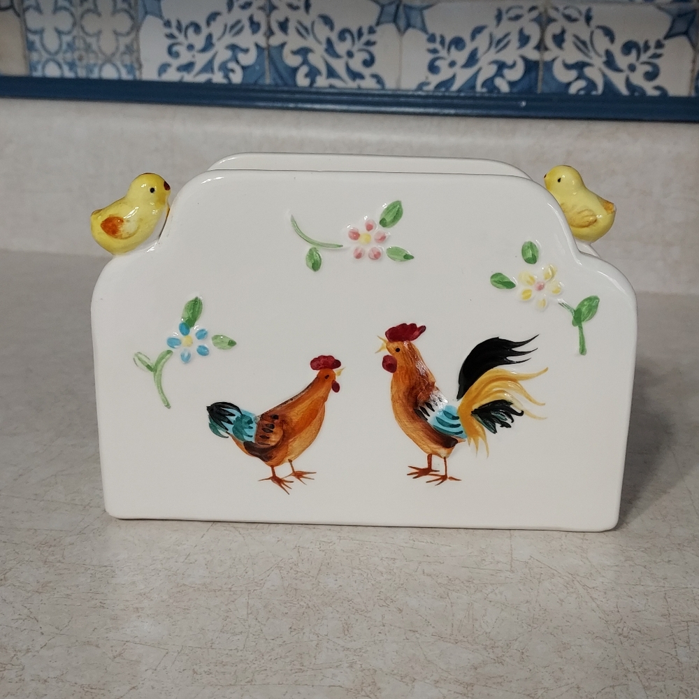 Charming Rooster and Chick Ceramic Napkin Holder